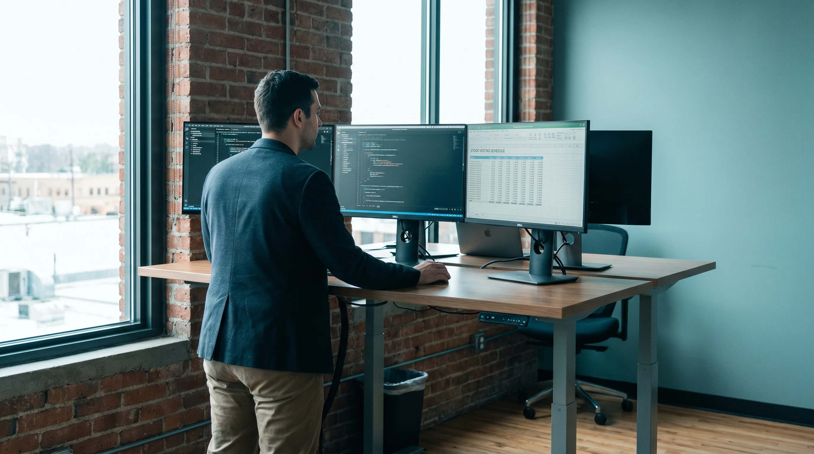 Software engineer at standing desk with equity vesting schedule